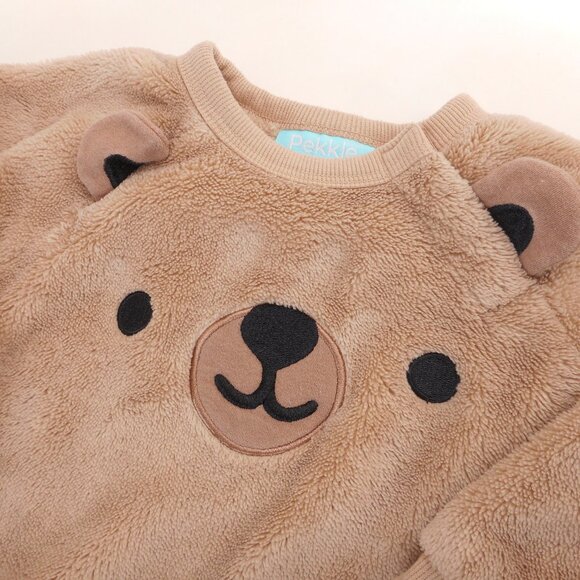Pekkle Baby 12 Months Fuzzy Sweatshirt Teddy Bear Face Tan Pullover Cozy Cute - Picture 2 of 7